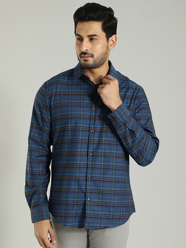 Indian Terrain Men's Slim Fit Full Sleeve Checkered Navy Shirt